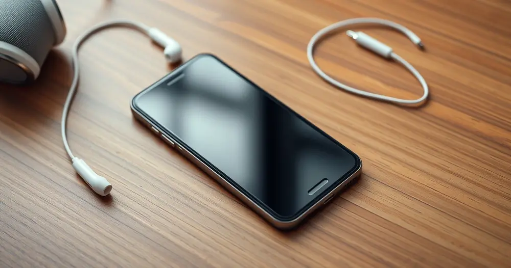 celular sobre mesa de madeira ao lado de fones de ouvido